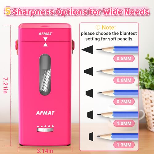 AFMAT Electric Pencil Sharpener, Fully Automatic Pencil Sharpener, Auto in & Out, Rechargeable Hands-Free Sharpeners for Jumbo & Colored Pencils (6.5-12mm), Portable for Home/Classroom/Office PSC6 - color: Rose Red