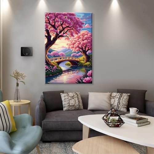 JOOZ 5D Landscape Paint by Numbers Kit for Adults with Frame, 8x12 Inch - color: Cherry Blossom 065