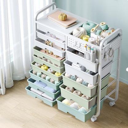 SYKIARIOL 14 Drawer Rolling Cart with Tabletop & DIY Pegboard, Storage Cart with Wheels, Classroom Organizers Utility Cart for Office Home School, Art Supplies, Mobile Craft Organizer, Green
