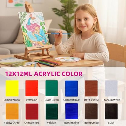 Kids Tabletop Easel Set, Portable Art Easel Painting Kits | 52 Pcs Wooden Easel for Painting Canvases, Including 12 Colors Acrylic Paints, 10 Paintbrushes and 4 Canvas Panels, Pink - color: Pink