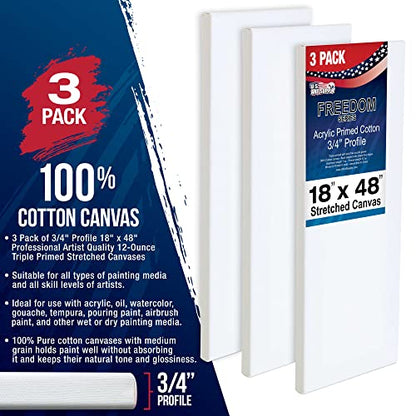 U.S. Art Supply 18 x 48 inch Stretched Canvas 12-Ounce Triple Primed, 3-Pack - Professional Artist Quality White Blank 3/4" Profile, 100% Cotton, Heavy-Weight Gesso - Acrylic Pouring, Oil Painting - size: 18" x 48"