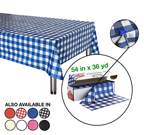 Neatiffy Disposable Plastic Tablecloth Roll | Indoor/Outdoor Table Cover Roll for Rectangle, Square, Round Tables | Picnic, Party, Banquet, Birthdays, Weddings - 54 in x 108 ft - Blue Gingham - color: Blue Gingham