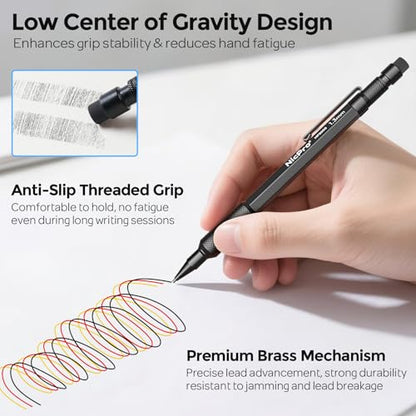 Nicpro 3 PCS 1.3 mm Mechanical Pencils Set with 48 Lead Refill, 3 Eraser | MP2000 Black Weatherproof Metal Barrel, Heavy Duty Carpenter Pencil for Outdoor Construction Marking Drafting and Drawing - style: 3 Pack (Black)