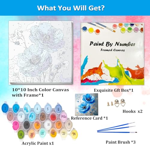 Artunion Framed Paint by Numbers Kit for Adults Beginners & Kids Ages 8-12,Blue Flowers Paint by Number with Frame,Abstract Poppy Paint by Numbers Kit on Canvas 10 * 10 Inch Without Easel - color: ZXT-334-F