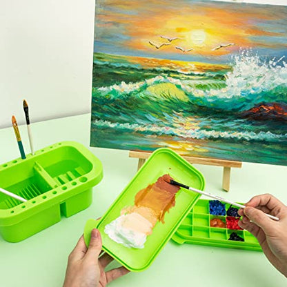 MyLifeUNIT Paint Brush Cleaner, Paint Brush Holder and Organizers with Palette for Acrylic, Watercolor, and Water-Based Paints (Lawn Green) | 18 mixing wells, 16 slots fitting 0.24-0.63 in diameters, 3 washing compartments, removable tray lid - color: Law