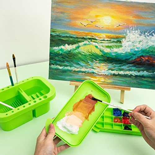 MyLifeUNIT Paint Brush Cleaner, Paint Brush Holder and Organizers with Palette for Acrylic, Watercolor, and Water-Based Paints (Lawn Green) | 18 mixing wells, 16 slots fitting 0.24-0.63 in diameters, 3 washing compartments, removable tray lid - color: Law