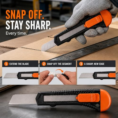 REXBETI 12-Pack Utility Knife, Retractable Box Cutter for Cartons, Cardboard and Boxes, 18mm Wider Razor Sharp Blade, Smooth Mechanism, Perfect for Office and Home use | Razor Sharp Snap-Off Blade, Smooth Sliding Mechanism, Durable Cutter Knife for Carton