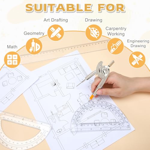 4 Pack Geometry Tool Set, Math Compass for Geometry and 6 Inch Protractor Set Include Metal Compass with Pencil and Clear Plastic Protractor for Student Classroom Office Woodworking Art Drawing - style: 4 Pack