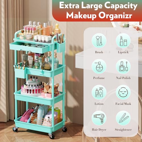 SUNALLY Makeup Cart Organizer with Drawer, 4 Tier Rolling Makeup Cart, Blue - color: Blue, size: 4 Tier