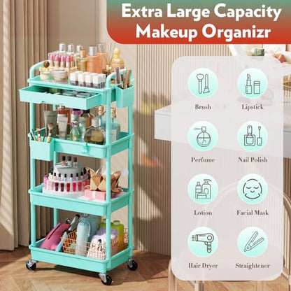 SUNALLY Makeup Cart Organizer with Drawer, 4 Tier Rolling Makeup Cart, Blue - color: Blue, size: 4 Tier