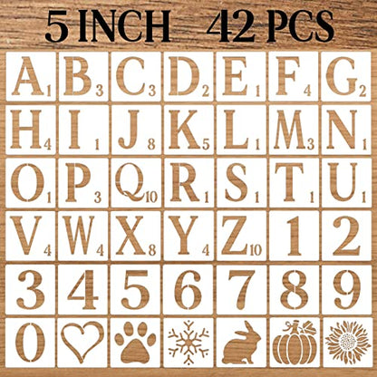 5 Inch Letter Stencils Numbers Craft Stencils, 42 Pcs Reusable Plastic Alphabet Drawing Templates for Painting on Wood, Wall, Fabric, Rock, Signage, Door Porch, DIY Art Projects - size: 5 Inch