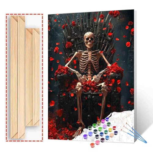 Tucocoo Medieval Skull Spooky Skeleton Paint by Number Adult Students Beginners, Skeleton Throne Gothic Horror Dark Fantasy Number Painting Unique Gift for Home Decor 16X20 Inch (DIY Framed) - color: Dark Raven-05, size: 16''x20''(DIY Frame)