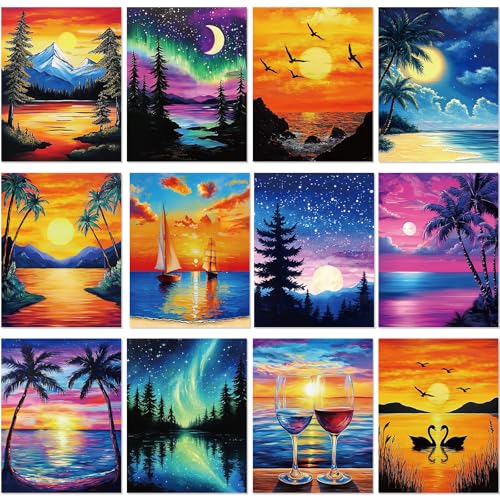 Sherr 12 Pcs Pre Drawn Canvas for Adults,Summer Sunset,8 x 10 Inch | Pre Printed Canvas, Sip and Paint Party Canvas Painting Kit, for Holiday Painting Crafts Favor - size: 8 x 10 Inch, style: Summer Sunset