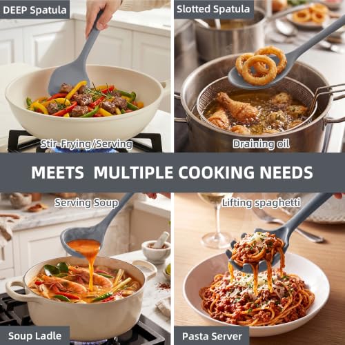 Kitchen Utensils Set,9 PCS Silicone Cooking Utensils Set Spatula Set,Tongs,Spoon,Whisk,Brush,Dishwasher Safe Kitchen Gadgets for Non-Stick Cookware,Home Essential，Kitchen Appliances Tool(Gray) - color: Gray