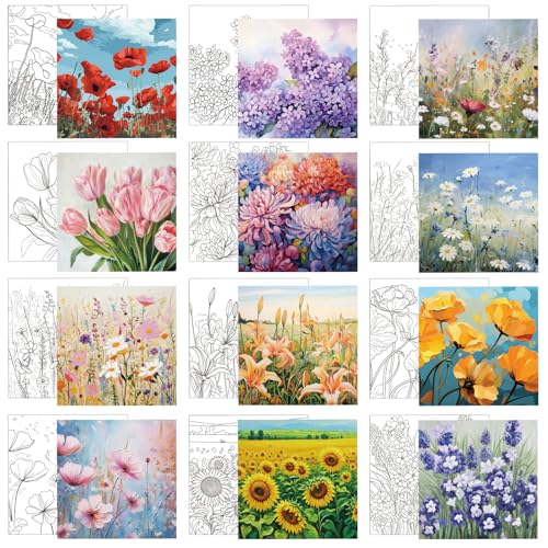 Affrolling 12 Pcs Pre Drawn Canvas for Painting for Adults 8 x 8 Inch Canvas Painting Kits Stretched with Drawing Ready to Paint Beginner Artists Date Night Party Supplies(Flower) - style: Flower