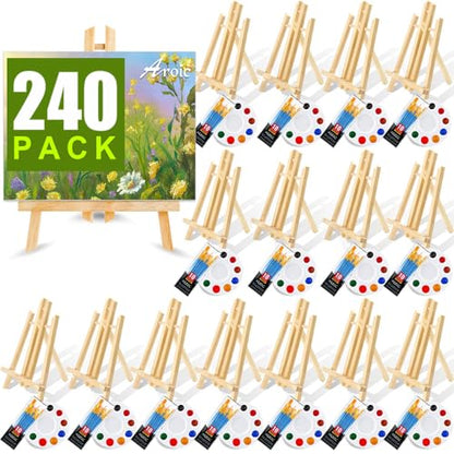 240 PCS Professional Painting Set with 20 Wood Easels, 20 Packs 200 Brushes | with Nylon Brush Head and 20 PCS Palettes, Painting Supplies kit for Kids & Adults to Painting Party - style: 240Pcs(20 Sets)