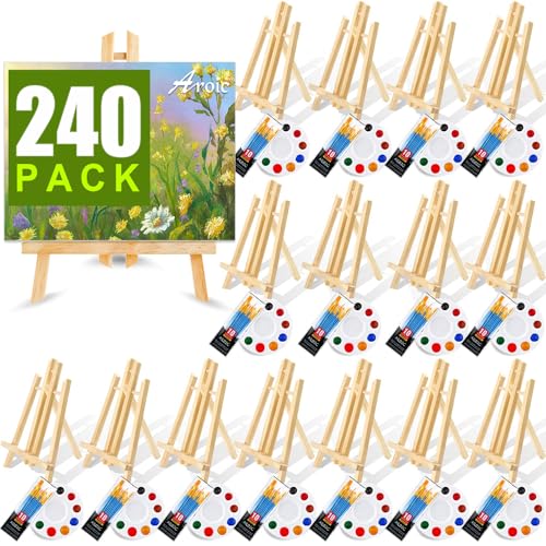 240 PCS Professional Painting Set with 20 Wood Easels, 20 Packs 200 Brushes | with Nylon Brush Head and 20 PCS Palettes, Painting Supplies kit for Kids & Adults to Painting Party - style: 240Pcs(20 Sets)