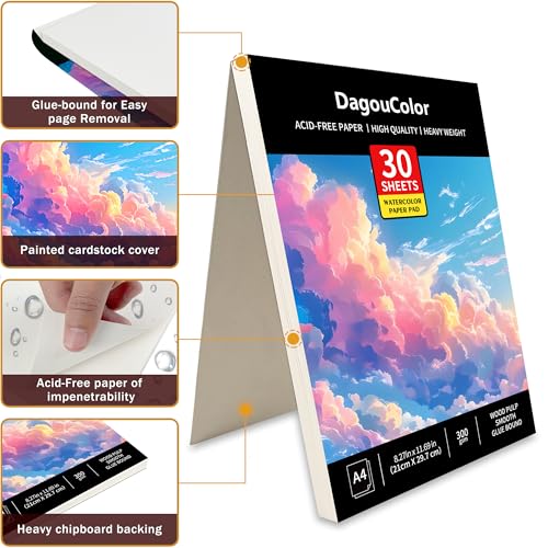 DagouColor Watercolor Paper Pad, 30 Sheets - Cloud Pink, A4, 1 Pack | 140lb/300gsm Cold-pressed Paper, Artist Book for Adults Beginners, Painting, Drawing, Mixed Media - color: Cloud Pink