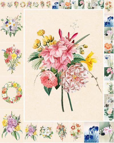 Decoupage Paper Pack (35 Sheets 6"x8") Elegant Illustrations of Delicate Flowers FLONZ Vintage Illustration Pictures Cards for Decoupage, Craft and Scrapbooking - color: Nine