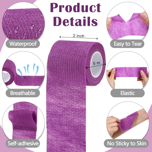 Treela 64 Pack Cohesive Bandage 2" X 5 Yards, Self Adhesive Vet Wrap | Elastic Breathable Tape for Wrist Ankle Fingers, Athletic Sports Wraps, Flexible Self Adherent Rolls, Purple Pet Care - color: Purple, size: 2 Inch X 5 Yard