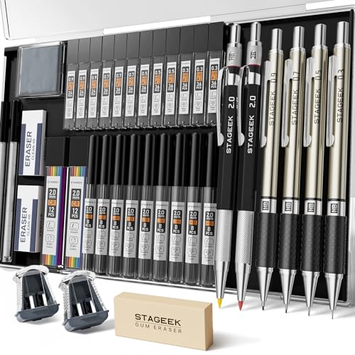 STAGEEK 37PCS Mechanical Pencil Set with Case, 0.3, 0.5, 0.7, 0.9 ＆2PCS 2mm - style: 0.3, 0.5, 0.7, 0.9, 2MM