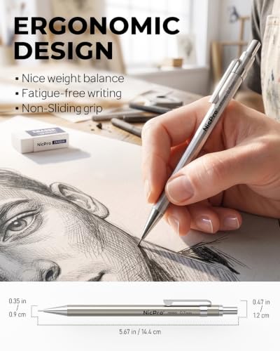 Nicpro 4 Pack Mechanical Pencil 0.7mm, MB1000 Metal Mechanical Pencil Set | 6 Tube HB #2 Lead Refill 0.7 mm, 3PCS 4B Eraser, 9 Cap Eraser, Storage Case for Artist Drafting Writing, Sketching, Drawing - style: 4 Pack （0.7mm）