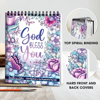 SOUTHERN LOTUS Flowers Patterns Hardcover Pages Poster God Bless You Spiral Coloring Book for Adults with Inspirational Bible Phrases Motivational Quotes Mindfulness Relaxing