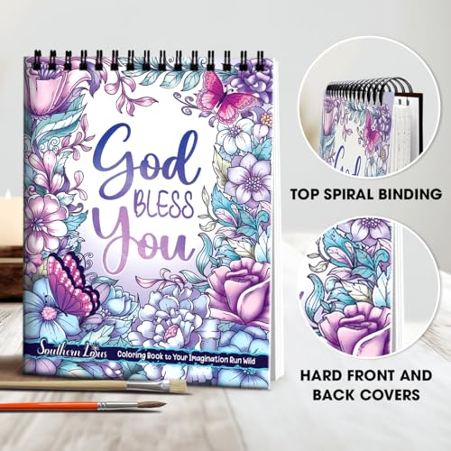 SOUTHERN LOTUS Flowers Patterns Hardcover Pages Poster God Bless You Spiral Coloring Book for Adults with Inspirational Bible Phrases Motivational Quotes Mindfulness Relaxing