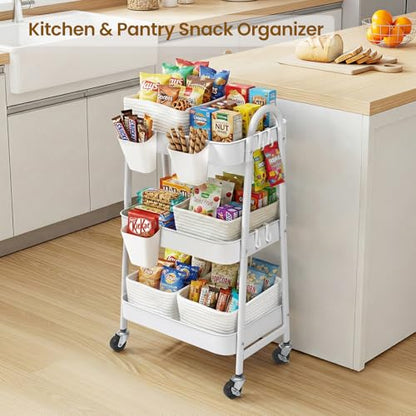 3-Tier Rolling Utility Cart with 4 Woven Baskets, Diaper Book Snack Cart, Storage Organizer for Nursery, Kitchen, Craft Room, Home SPA, Living Room, Metal Frame Trolley on Lockable Wheels, White - color: White