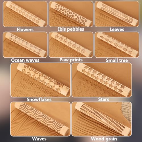 WADORN 10 Styles Wooden Clay Texture Rollers Set for Pottery, 10Pcs Wood Handle Pottery Tools 4.3x0.6'' Clay Textured Rolling Pin Modeling Pattern Roller Kit for DIY Crafts Ceramics Modeling Painting