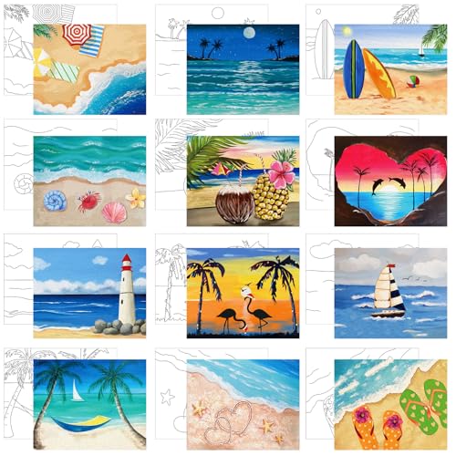 Affrolling 12 Pcs Pre Drawn Canvas for Painting for Adults 8 x 8 Inch Canvas Painting Kits Stretched with Drawing Ready to Paint Beginner Artists Date Night Party Supplies(Beach) - style: Beach