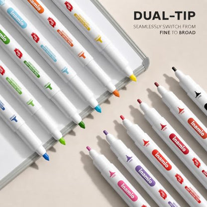 inamio 12 Dry Erase Markers Dual Tip, Ultra Fine & Broad, Pastel & Classic | Double Sided Whiteboard Markers, Ultra Fine Point Erasable White Board Pens, Non-Toxic for Kids, Teachers & Planners