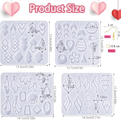 104Pcs Geometric Resin Earring Molds Kit, Irregular Shaped Earrings Silicone Mold for Epoxy Resin Dangle Drop Jewelry Molds Making Kit with 100 Earring Hook for Earrings Necklace Pendants (clear) - color: clear