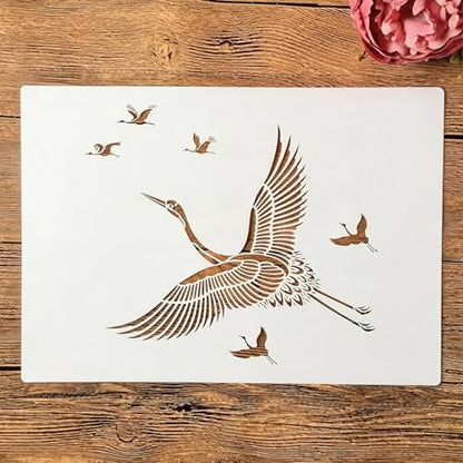 TIAMECH A4 Reusable Crane Stencil for Painting | Flying Bird Longevity Symbol Layering Template, DIY Wall Art, Furniture & Crafts (8.3x11.7inch) - style: Crane