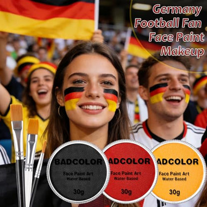 Black Red Yellow Germany Flag Face Body Paint Set, World Cup German Flag Face Painting Kit with Painting Brushes for Halloween, Water Based Face Paints for Fire Demon Avatar Tribe SFX Cosplay Make-Up - color: Black+Red+Yellow+3Pcs Brushes