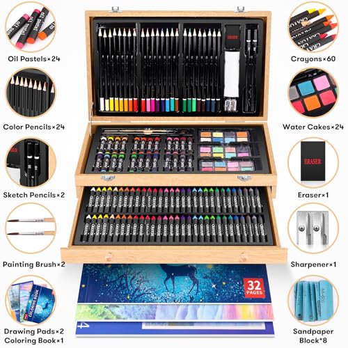 iBayam 150-Pack Deluxe Wooden Art Set Crafts Drawing Painting Kit | 1 Coloring Book, 2 Sketch Pads, Creative Gift Box for Adults Artist Beginners Kids Girls Boys - color: Natural