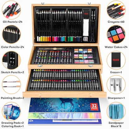 iBayam 150-Pack Deluxe Wooden Art Set Crafts Drawing Painting Kit | 1 Coloring Book, 2 Sketch Pads, Creative Gift Box for Adults Artist Beginners Kids Girls Boys - color: Natural