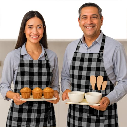Native Fab Kitchen Apron 2 Pack - 100% Cotton Adjustable, Durable Apron with Pockets, Perfect for Cooking, Baking, Grilling - color: Buffalo, Light Grey & Black