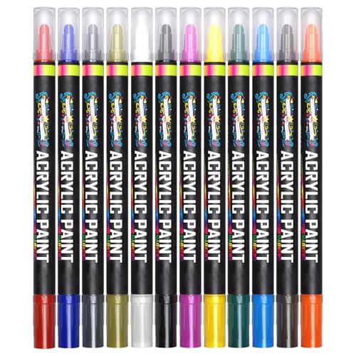 CHALKY CROWN Dual Tip Acrylic Paint Markers - Assorted - 12 Pack | Dual Fine & Dot Tip Markers for Rock Painting, Fabric & Glass - Water-Based Permanent Ink - Vibrant Assorted Colors - style: 6mm - 12 Pack