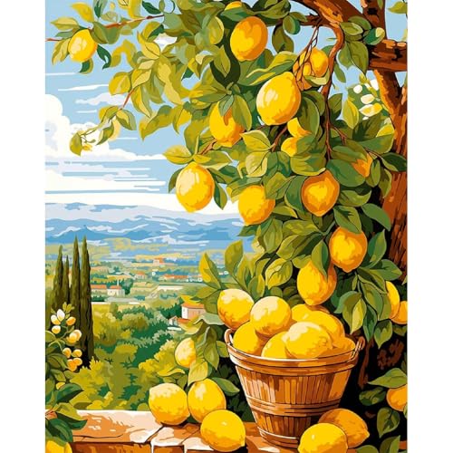 Clendo Lemon Paint by Numbers Kits for Adults, DIY Lemon Tree Adult Paint by Number Kits on Canvas, Digital Oil Number Painting for Home Decor (16x20 Inch) - color: MT19942, size: Frameless