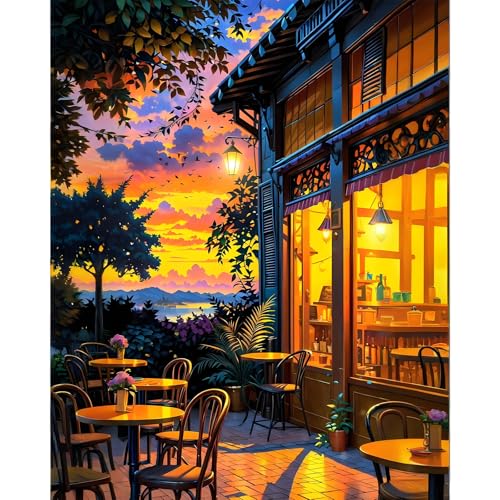 Paint by Numbers Kit for Adults, Sunset Café Number Painting Canvas Kit - color: LBOPNFP6