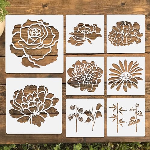 8 Pcs Large Flower Stencils for Painting, 11.81 X 11.81 Inch Flower Stencils for Crafts Reusable, Wood and Wall Stencils for Painting Large Pattern, DIY Templates Holiday Wall Paper (A) - style: A