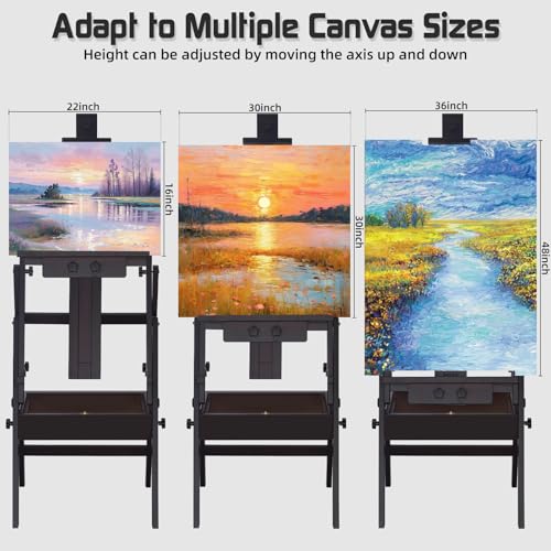 Beech Wood H-Frame Easel for Painting with Tray & Drawer, Walnut | Heavy-duty Floor Adjustable Height & Angle Studio Art Easel Stand, Holds 30"-50" Canvas, Foldable Painting Easel for Adults - color: Walnut