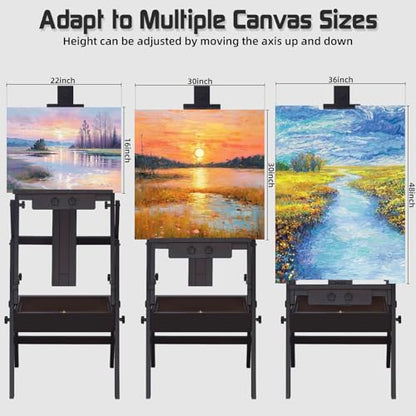 Beech Wood H-Frame Easel for Painting with Tray & Drawer, Walnut | Heavy-duty Floor Adjustable Height & Angle Studio Art Easel Stand, Holds 30"-50" Canvas, Foldable Painting Easel for Adults - color: Walnut