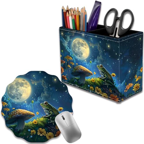 Pen Holder for Desk, PU Leather Multifunctional Desktop Storage Box and Anti-Slip Mouse Pad Set, Makeup Brush Holder Pen Organizer for Office and Home - Frog Mushroom - color: Frog Mushroom
