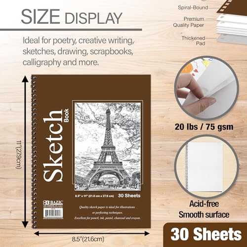 BAZIC Products Spiral Sketch Book, Side Bound, 8.5 x 11 in, 30 Sheets | 30-sheet spiral sketch book, Smooth drawing paper for sketching, Shading, For school and craft projects - color: 30 Sheets - 8.5"x11", size: 1-Pack