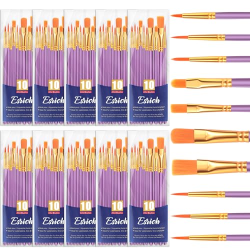 ESRICH Acrylic Paint Brushes Set, 10 Packs 100 Pcs Watercolor Brushes | Nylon Brush Head for Oil Painting, Gouache, Face,Ceramics, Kid's and Adults Painting Arts and Crafts Paint Sets, Purple - color: Purple, size: 100