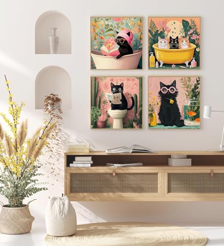 4 Pack Black Cat Diamond Art Kits for Adults Diamond Painting Kit Beginner | Bathroom Animal 5D Funny DIY Diamond Dots Full Drill Crafts for Gem Art Dot Art for Adults Home Wall Decor for Teens 12x12 in - color: DP03629