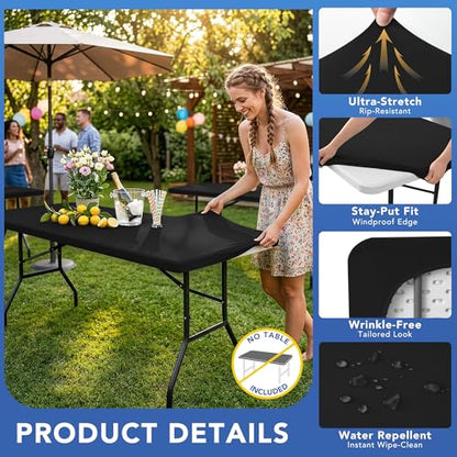 Fitted Tablecloth Rectangle Tables-Black Picnic Table Covers 42x72 Inch | 2 Pack Spandex Stretch Elastic Windproof Washable Folding Table Cloths-Outdoor Camping Dining Patio Kitchen Banquet Party - color: Black, size: 42'' x 72'' | 2 Pack
