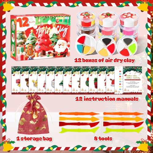 MuseLuxe Air Dry Clay - 12 Boxes Christmas Modeling Clay Kit | 8 Sculpting Tools,Safe & Non-Toxic,DIY Magic Gifts Toys for Boys,Girls,Kids - color: 12 Colors
